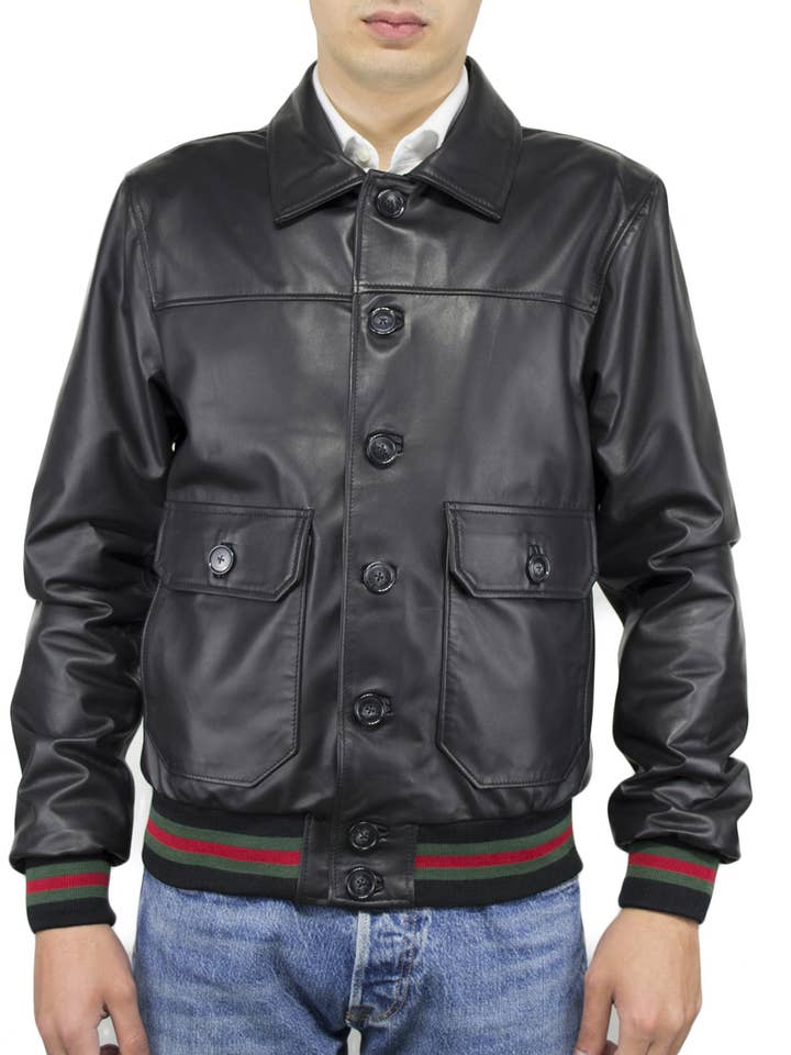 U03 - Bomberjacke aus Leder mit Knöpfen für Herren Schwarz SE für den Großhandel von Michelangelo srls