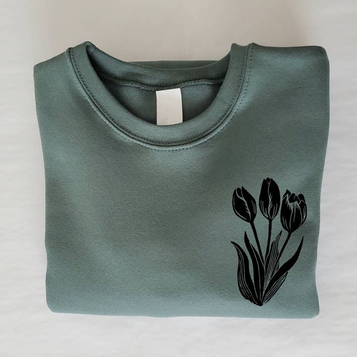 Tulip sweatshirt, unisex hand printed flower crewneck, block printed floral illustration, soft fleece jumper, spring ethical clothing for wholesale by M.E. Image