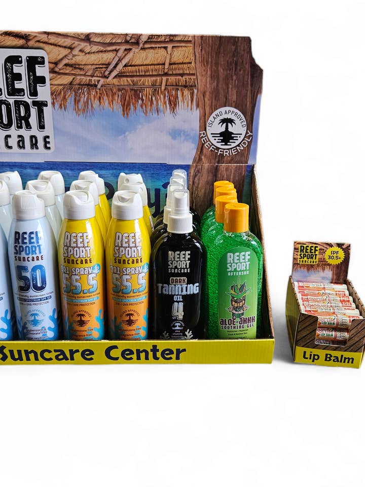 REEF SPRAY / TAN / ALOE / LIP SPF 50 (#10002) - Display for wholesale by Reef Sport Suncare