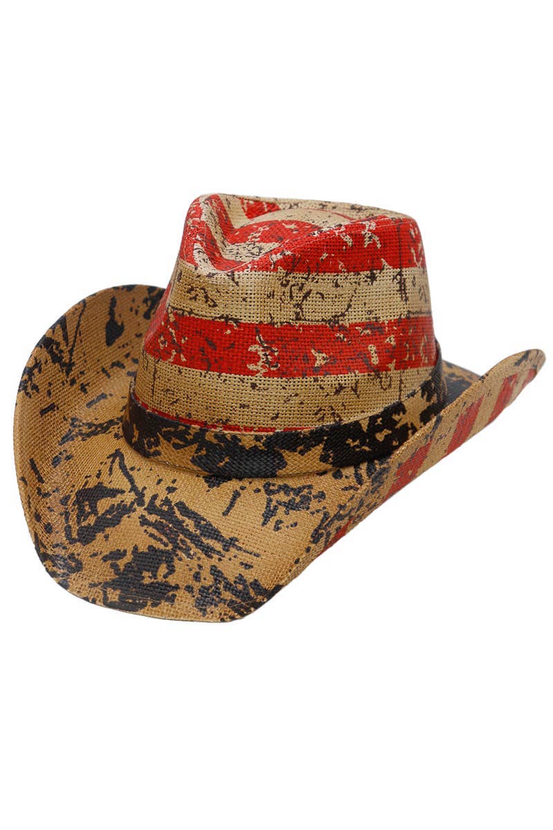 TAN Vintage Speckled American Flag Cowboy Hat for wholesale on Faire3