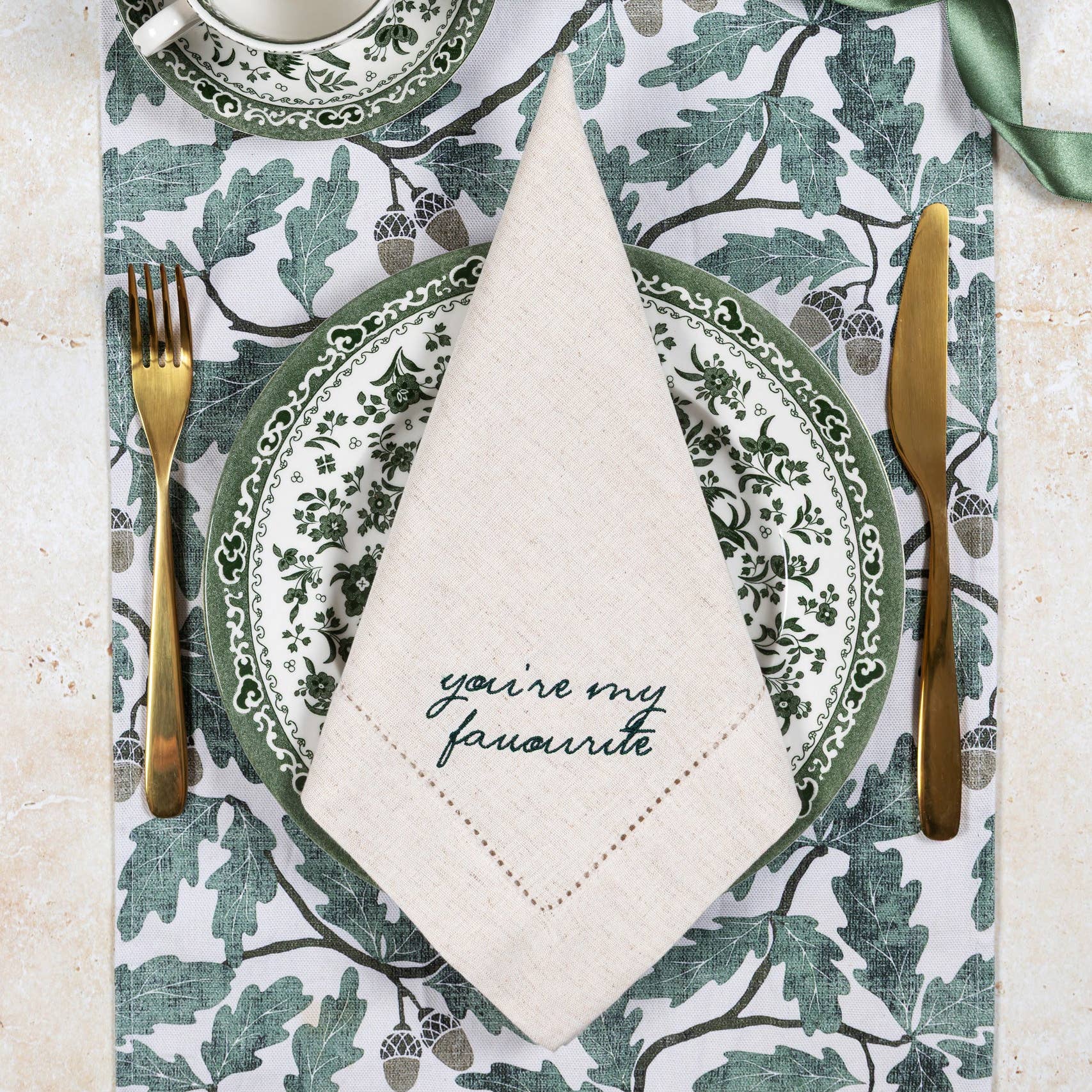 Pintail Candles | Avalon Home – wholesale Dinner & cloth napkin – You’re My Favourite Linen Napkins Green | Embroidered Napkin1
