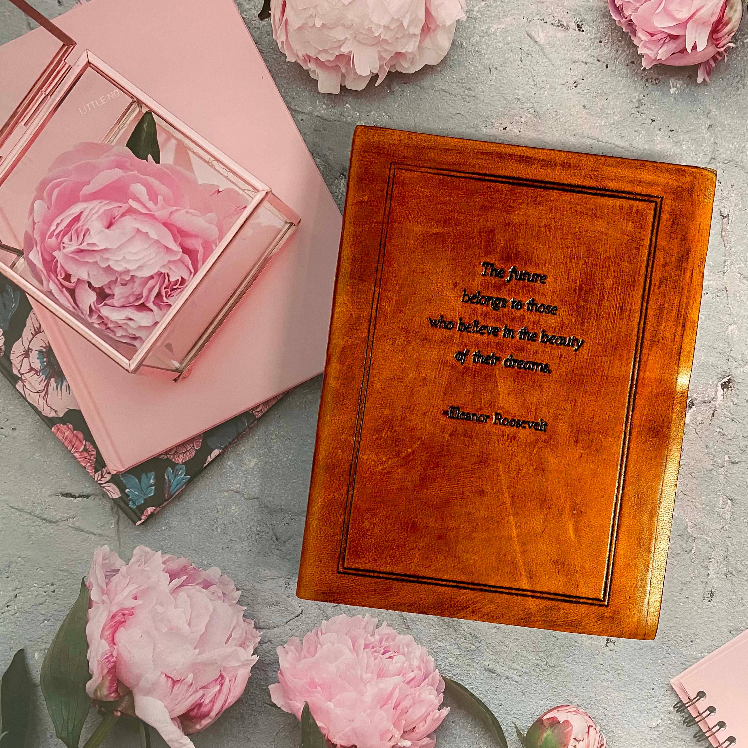 Soothi | Containers Of Creativity - Wholesale Journal/Diary - The Future Belongs, Eleanor Roosevelt Leather Journal - 8x66