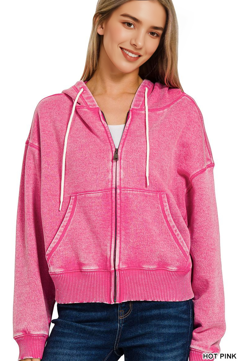 42POPS - Wholesale Hoodie - Women's - .._ SI-25313 Acid Wash Fleece Cropped Zip Up Hoodie22