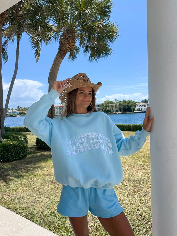 Icy Blue Sunkissed Varsity Embroider Sweatshirt for wholesale on Faire
