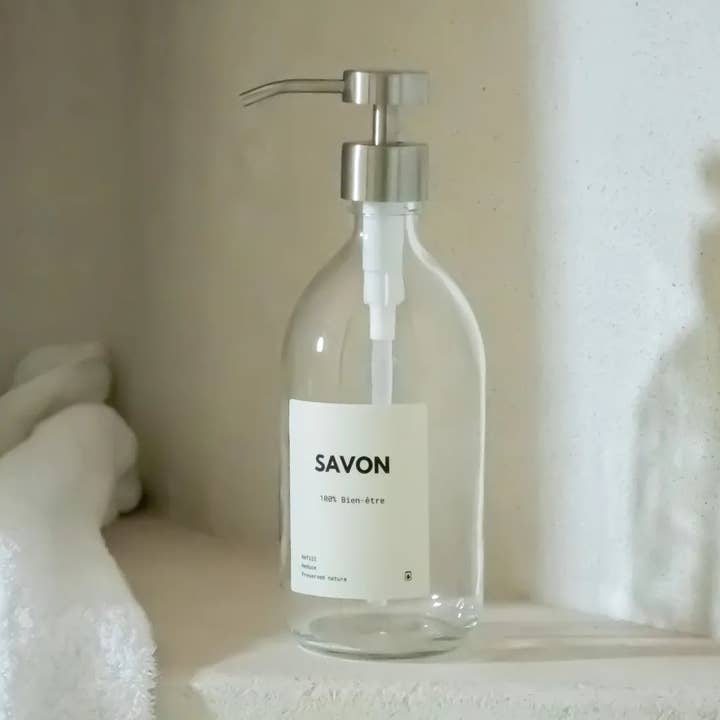 Transparenter Glas-Seifenspender – Edelstahl-Dosierpumpe für den Großhandel von Little Pots