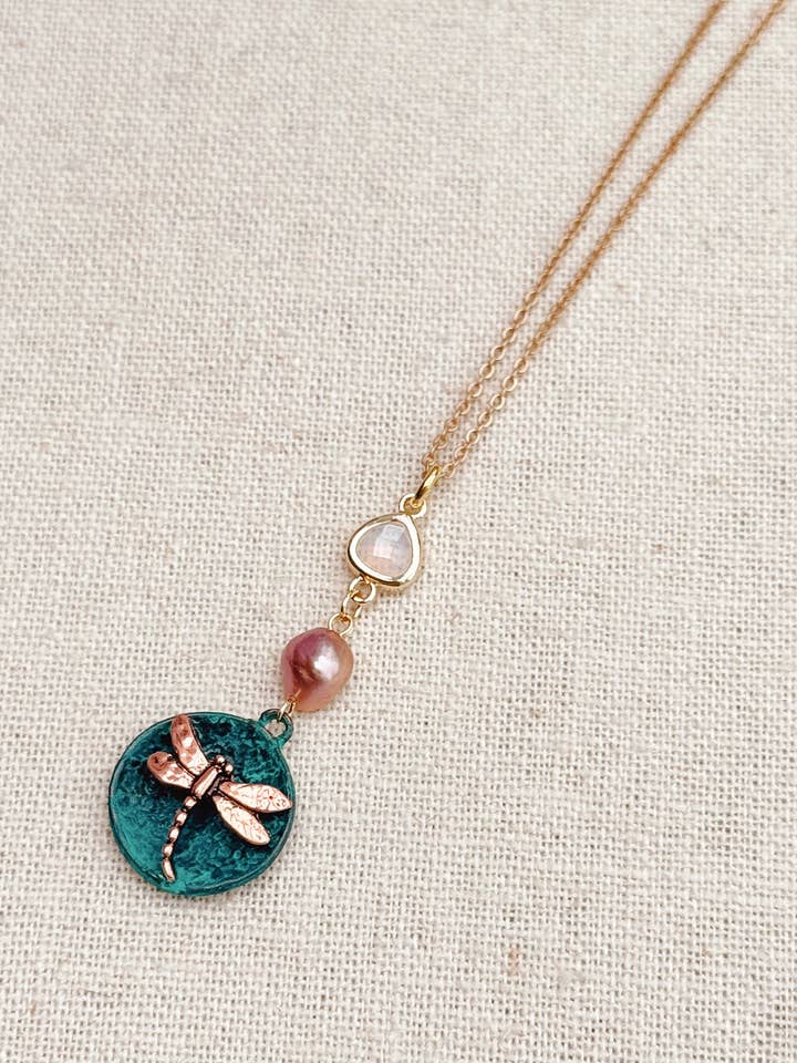 Patina Dragonfly Gemstone Pendant Necklace for wholesale by Gracie Rose Designs