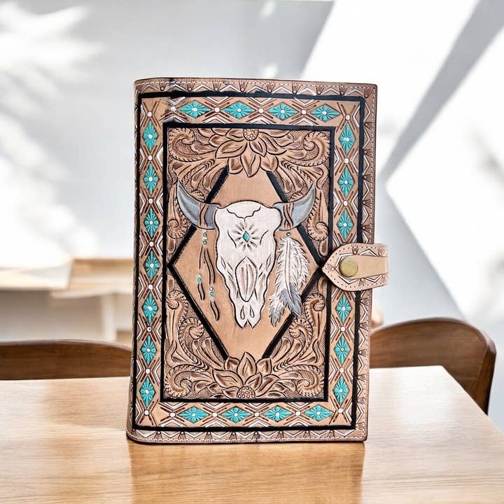 Bull tooled leather bible cover for wholesale by Western Linens