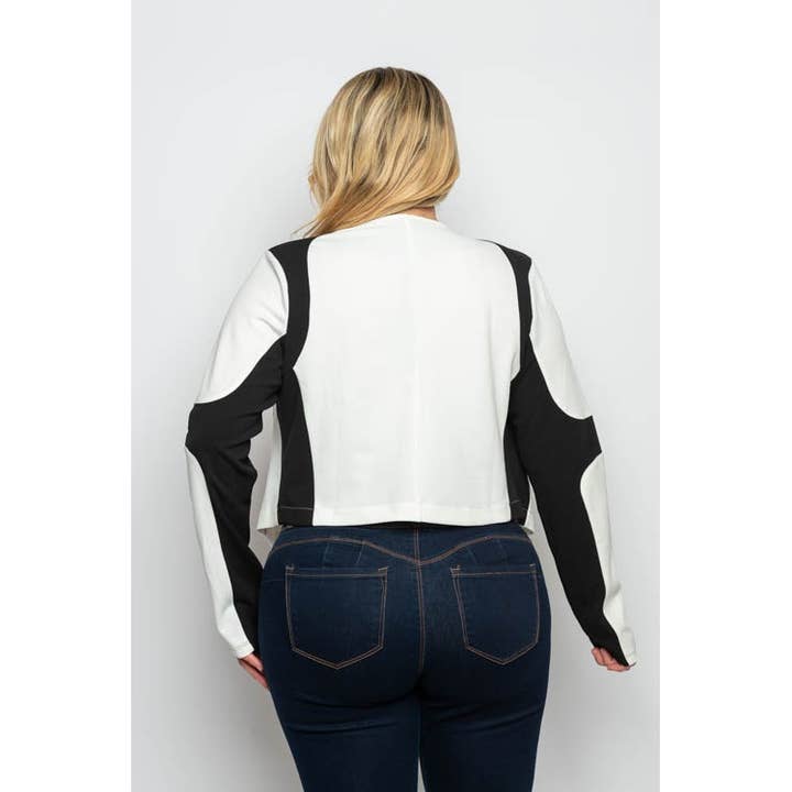 Curve Market - Wholesale Jacket - Women's - PLUS SIZE CONTRAST TRIM COLLARED ZIPPER FRONT MOTO JACKET2