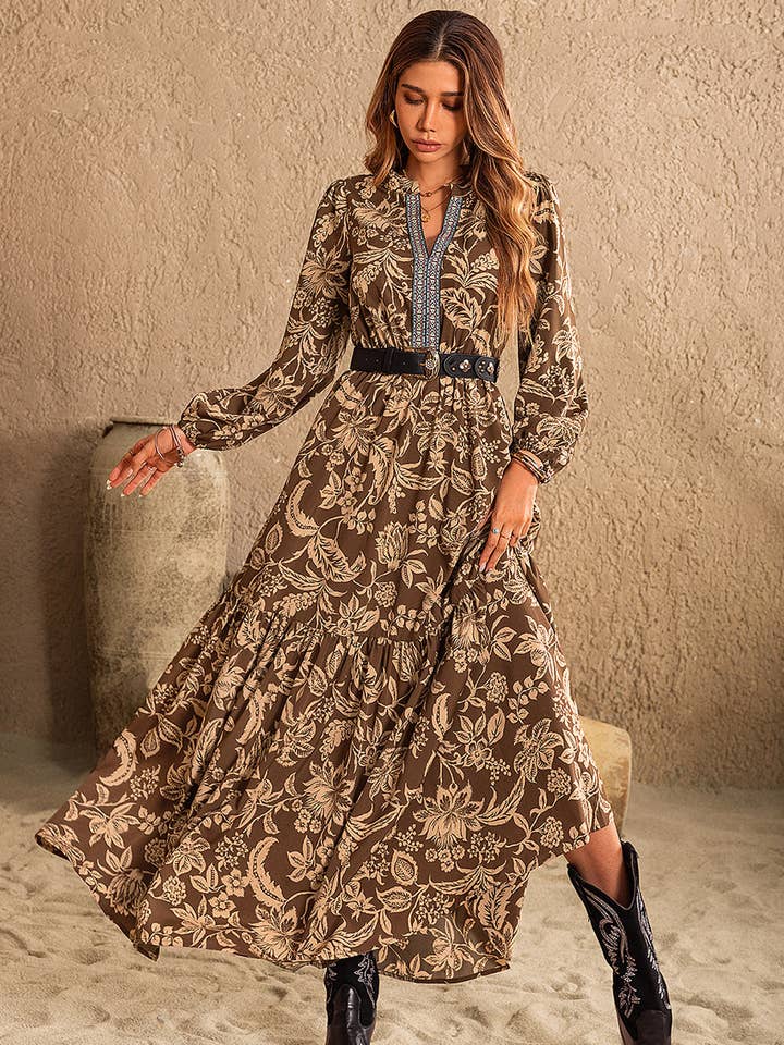Ruched Printed Notched Long Sleeve Maxi Dress for wholesale by Beyond Apparel