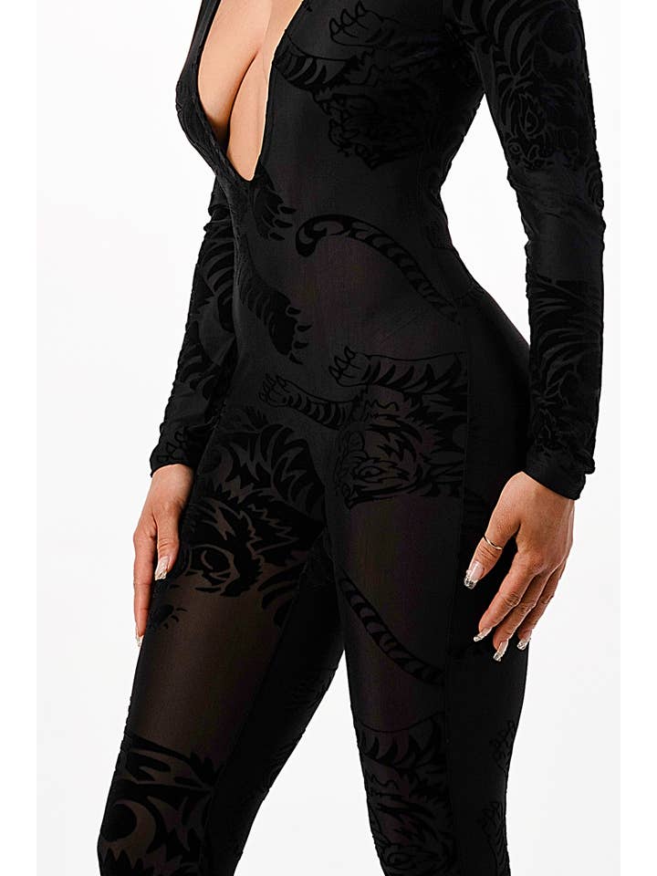 BLACK BP2450-Velvet burnout Mesh jumpsuit for wholesale on Faire4