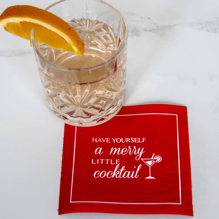 Toasting With Tara - Wholesale Disposable Napkin - Cotton Cocktail Napkin Roll: Red w/ Merry Little Cocktail4