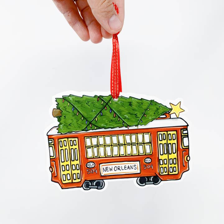 Red Streetcar Christmas Tree Ornament - New Orleans Holiday for wholesale by Home Malone