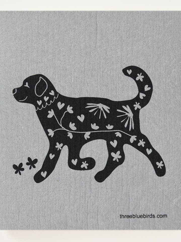 Playful Pup on Grey Swedish Dishcloth for wholesale by Three Bluebirds Swedish Dishcloths