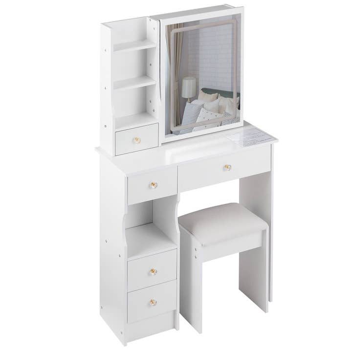 White Small Vanity Dressing Table with Padded Stool & Mirror Light for wholesale on Faire10