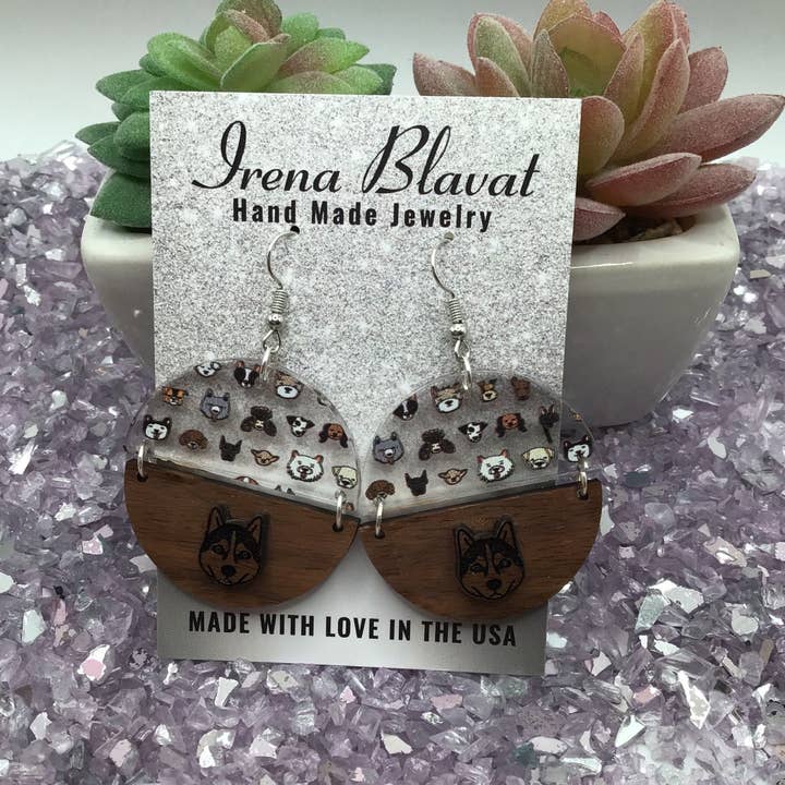 Husky Wood Earrings with Dog Acrylic for wholesale by Irena Blavat Designs