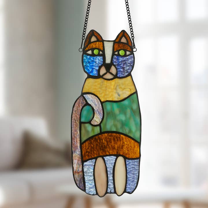 Purple 13"H Cecilia the Cat Multicolor Stained Glass Window Panel for wholesale on Faire6