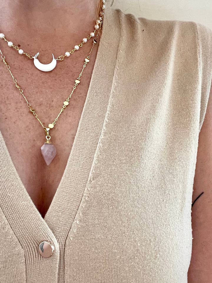 Mehrlagige Halskette aus Rosenquarz mit vergoldeter Kette für den Großhandel von Lovely Sunday Jewelry