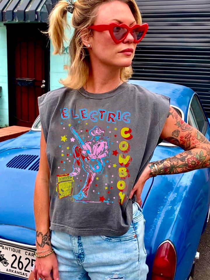 Country Deep Apparel - Wholesale Tank Top - Women's - Electric Cowboy Midriff boxy Muscle crop top