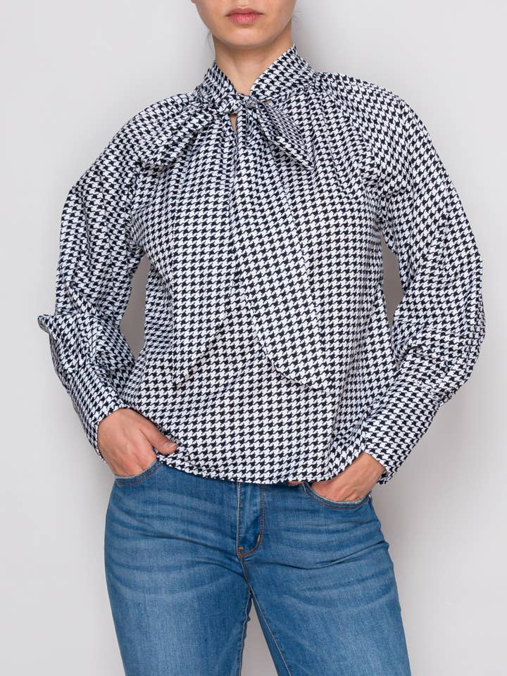 Chic Houndstooth Bow Tie Blouse for wholesale by Cezele