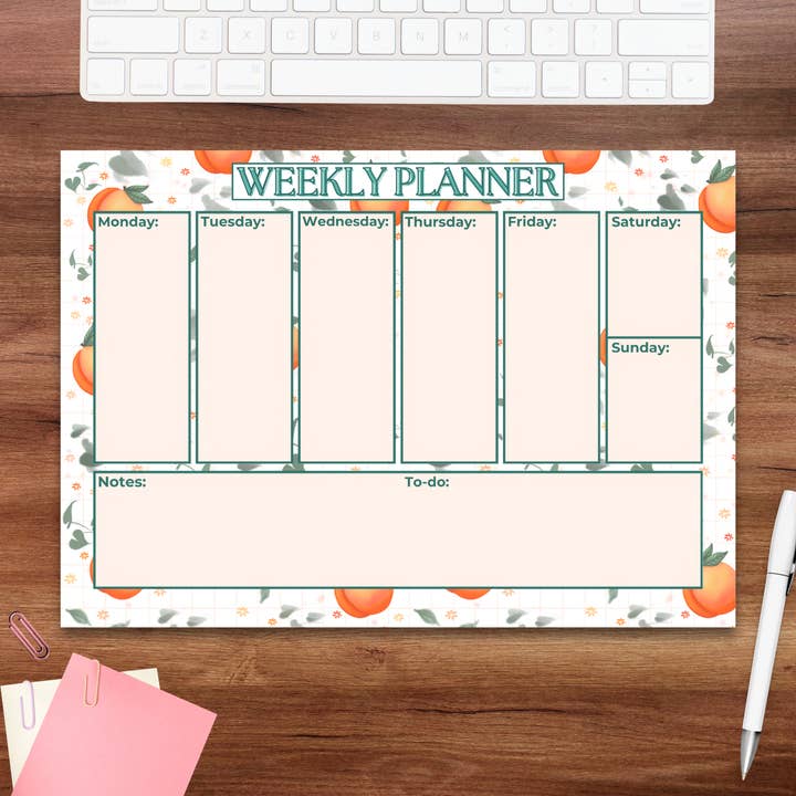 A4 Landscape Weekly Deskpad – Peach Floral Grid for wholesale by Famjo Boutique