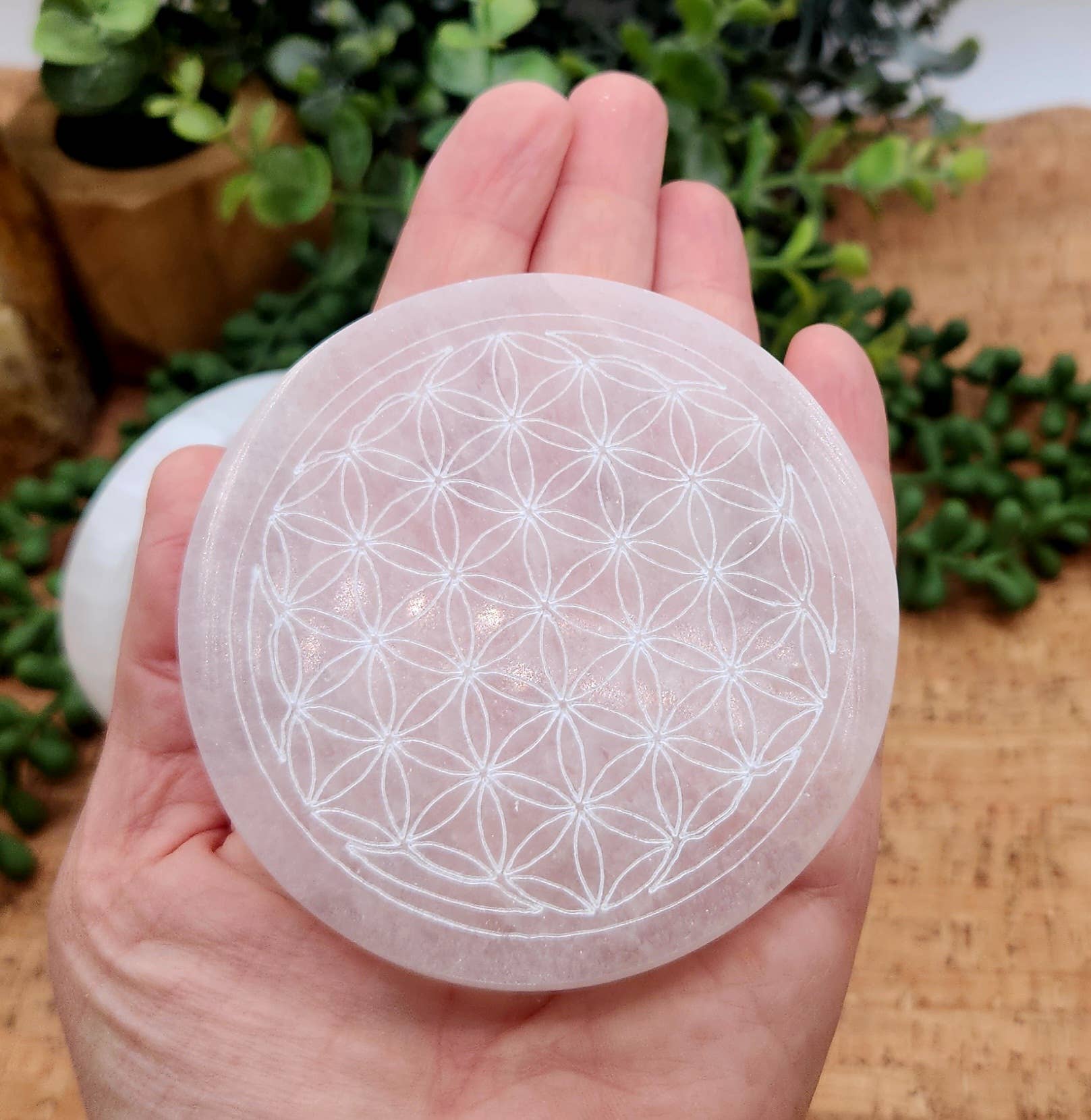 Meraki Gemstones - Wholesale Spirituele steen/kristal - Ronde opladingsplaat/onderzetter van seleniet - Gebeitst met Levensbloem, 8 cm7