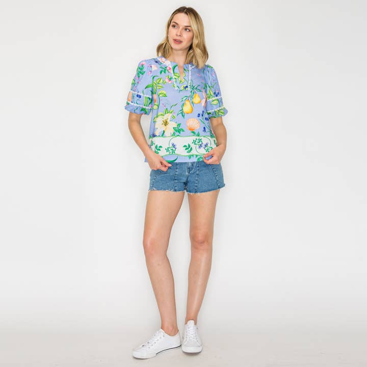 Blouse bleu coquillage de jardin romantique d'été - LWT2101 pour la vente par LoveWednesday