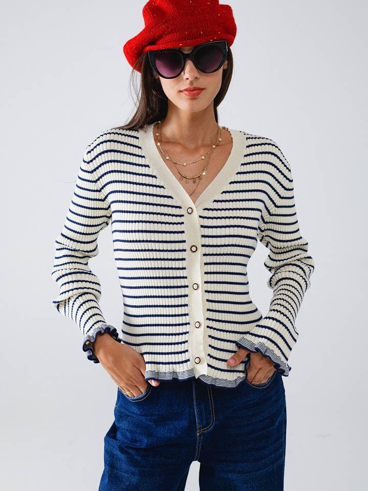 White Striped Cardigan in Cream with Ruffle Trim for wholesale on Faire