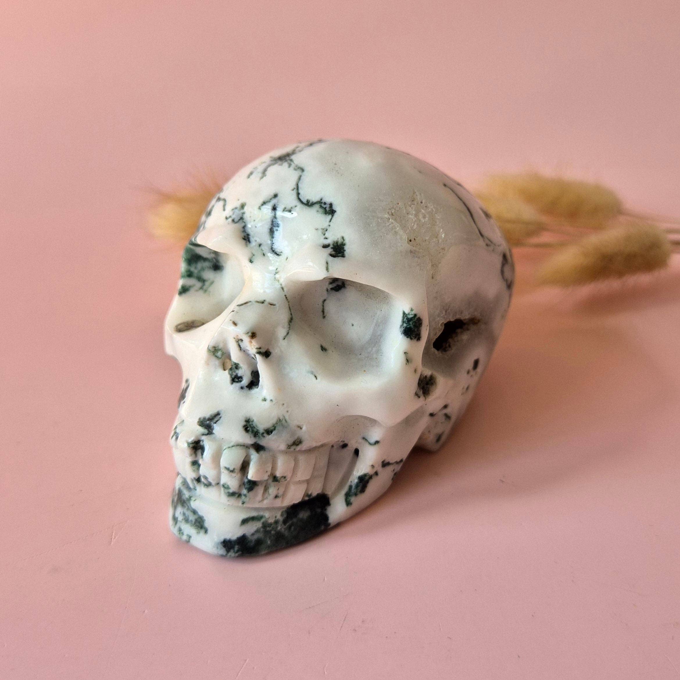 Moonlight Gemstones - Wholesale Spiritual Stone/Crystal - XL Gemstone Skull Moss Agate Skull #7 - 9cm 413gram Skull0
