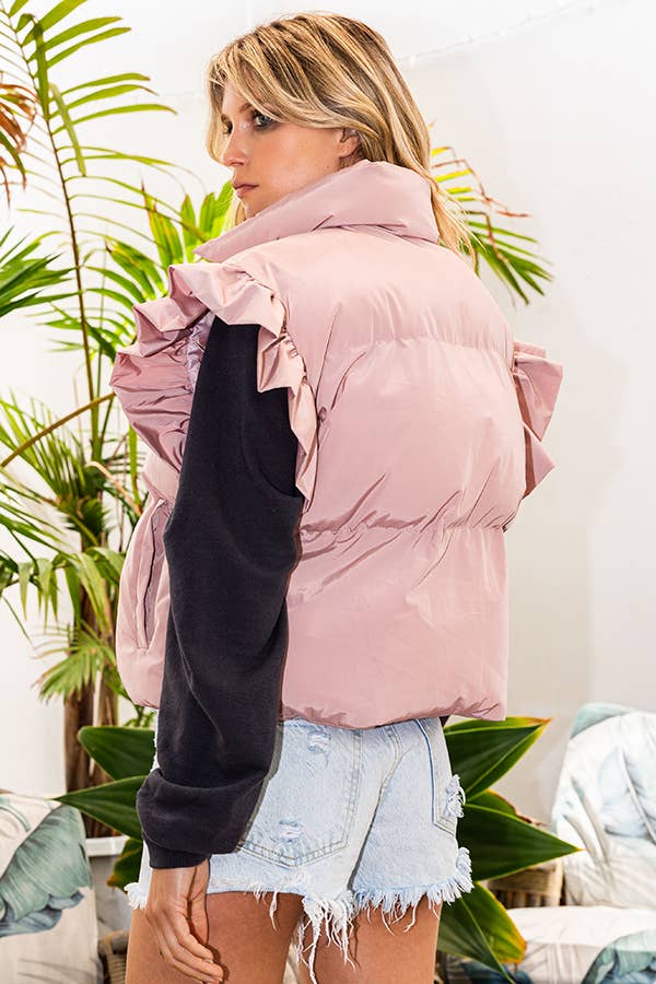 BUCKETLIST INC – wholesale Outerwear Vest - Women’s – IT1813-1 Ruffle Sleeve Crop Down Vest17