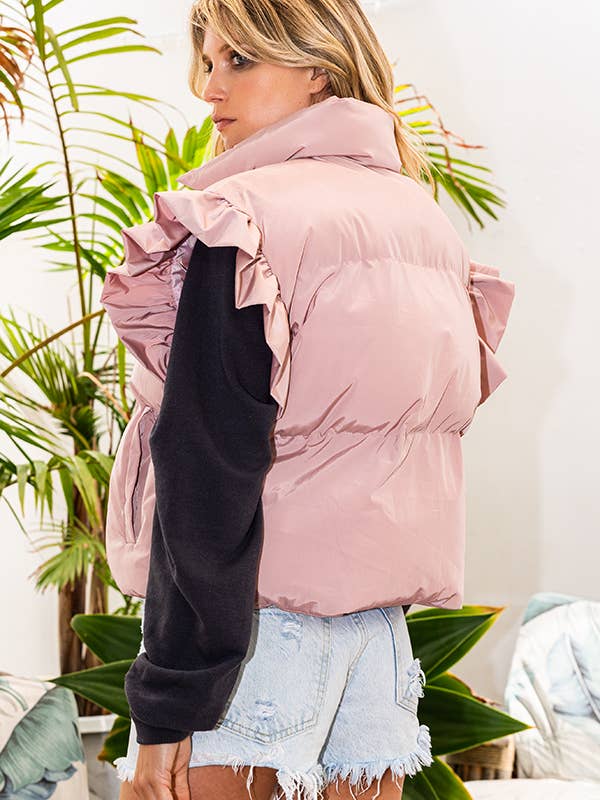 BUCKETLIST INC - Wholesale Outerwear Vest - Women's - IT1813-1 Ruffle Sleeve Crop Down Vest17