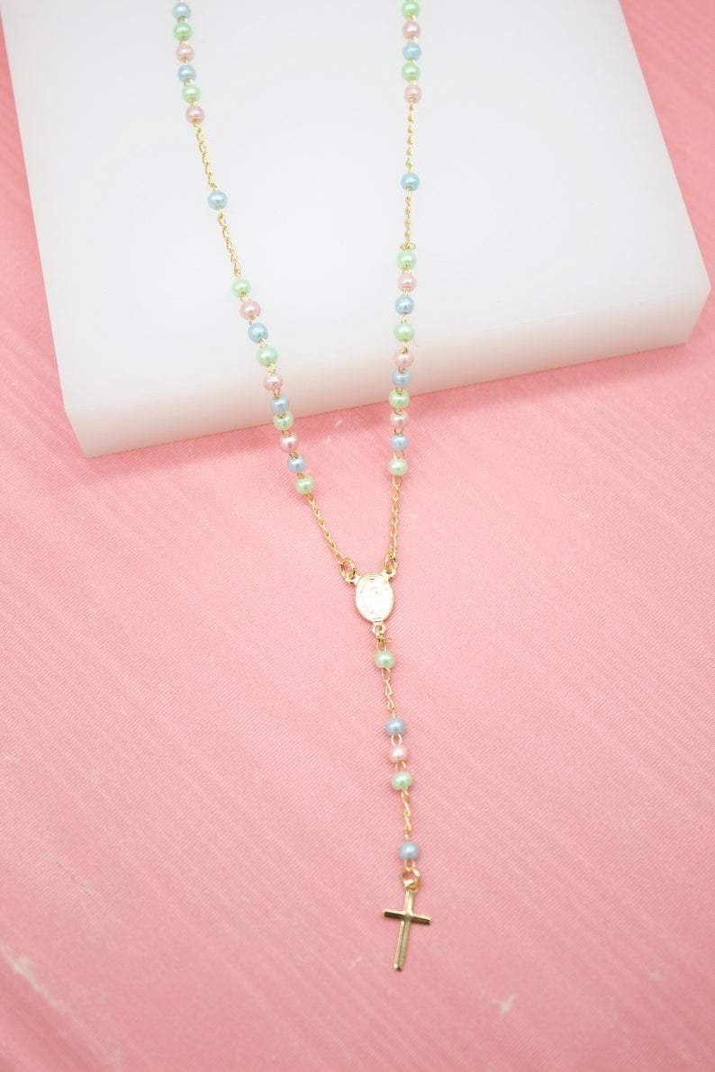 MIA Jewelry - Wholesale Prayer Beads Necklace - 18K Gold Filled Catholic Gold Multi Color Bead Rosary F255A)0