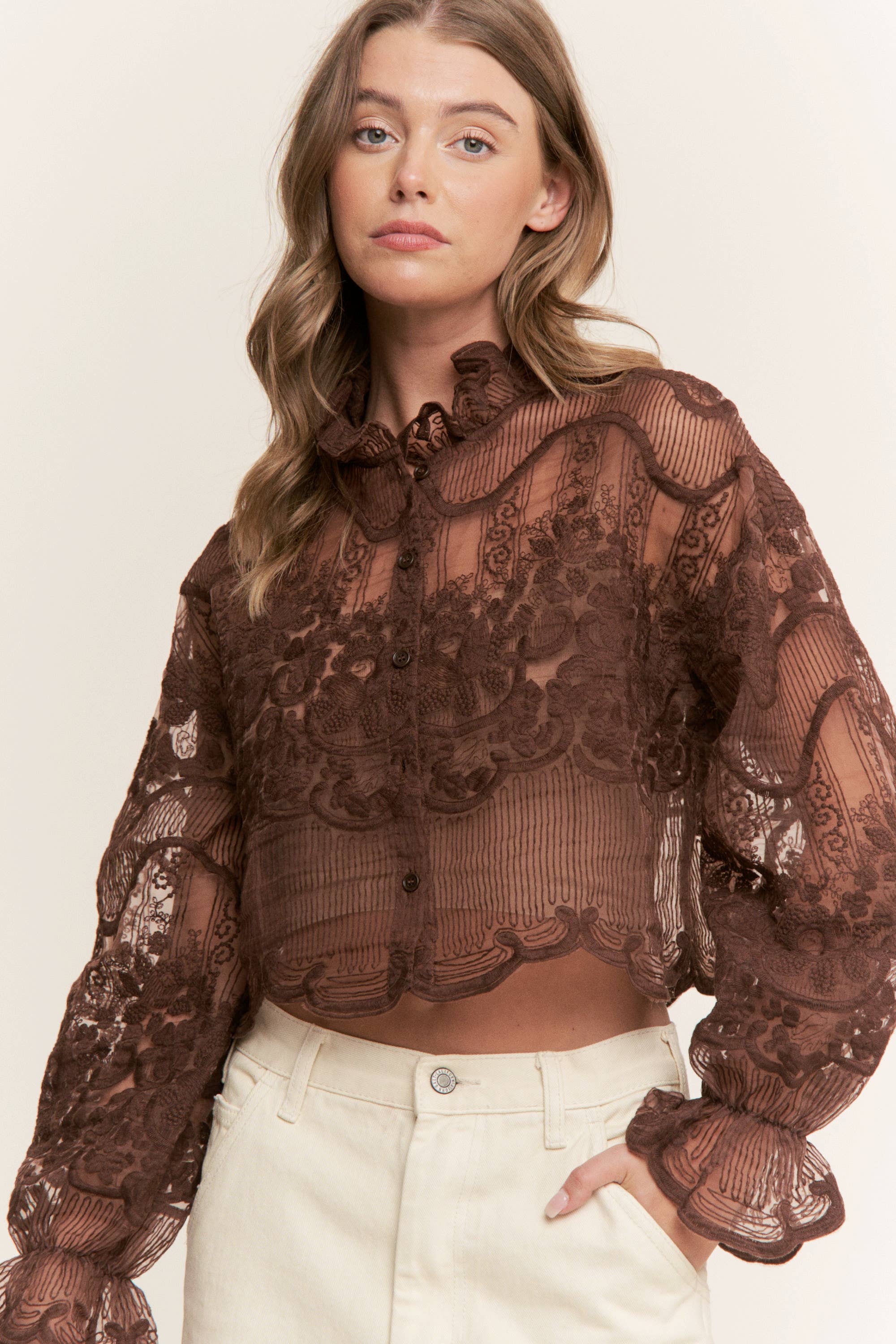 Sweet Generis - Wholesale Blouse - Women's - CHIC MODERN CROCHET EMBROIDERY BUTTON DOWN BLOUSE SHIRT TOP 23