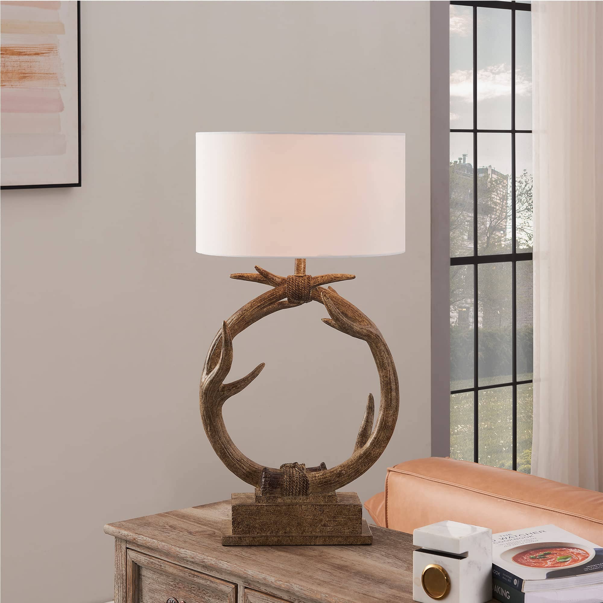 HomeRoots - Wholesale Accent/Desk Lamp - 27" Brown Rustic Faux Antlers Table Lamp With White Shade3