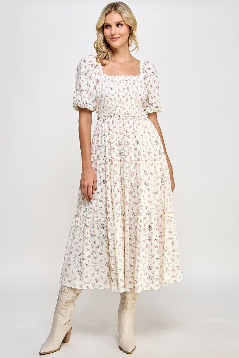 Million Colors - Wholesale Dress - Women's - Hattie Floral Puff Sleeve Square Neck Tiered Midi Dress5