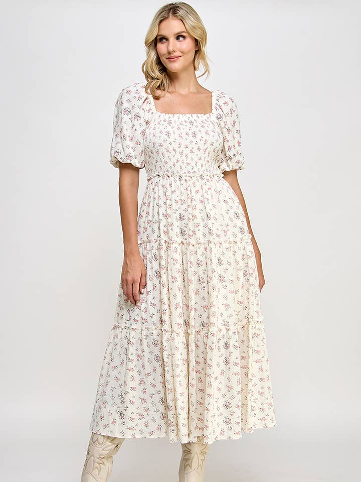 Million Colors - Wholesale Dress - Women's - Hattie Floral Puff Sleeve Square Neck Tiered Midi Dress5