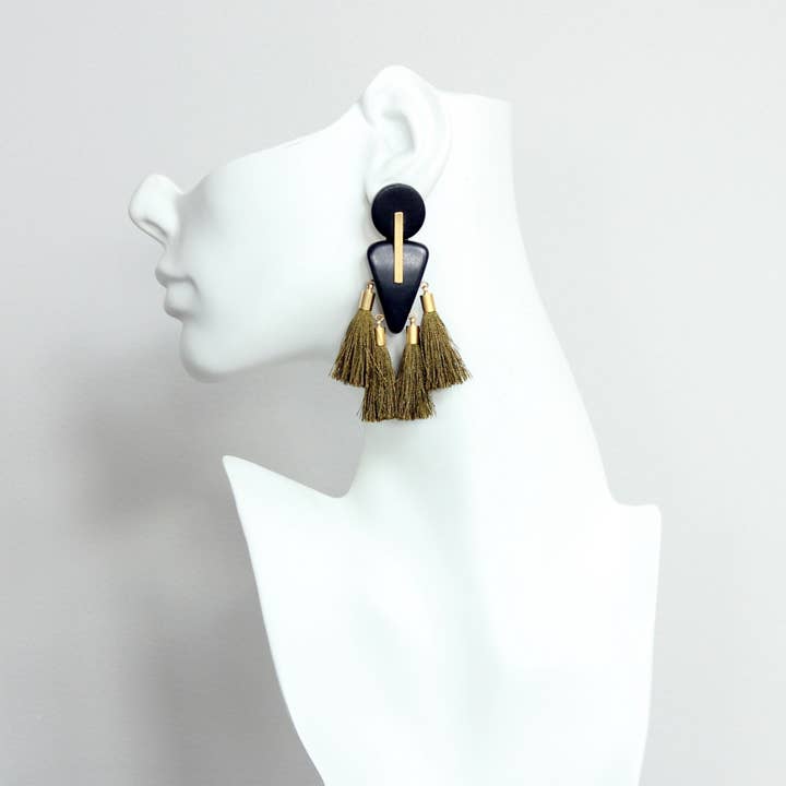 David Aubrey Jewelry - Wholesale Tassel Earrings - CHRE84 Black wood, brass, & dark mustard tassel earrings1