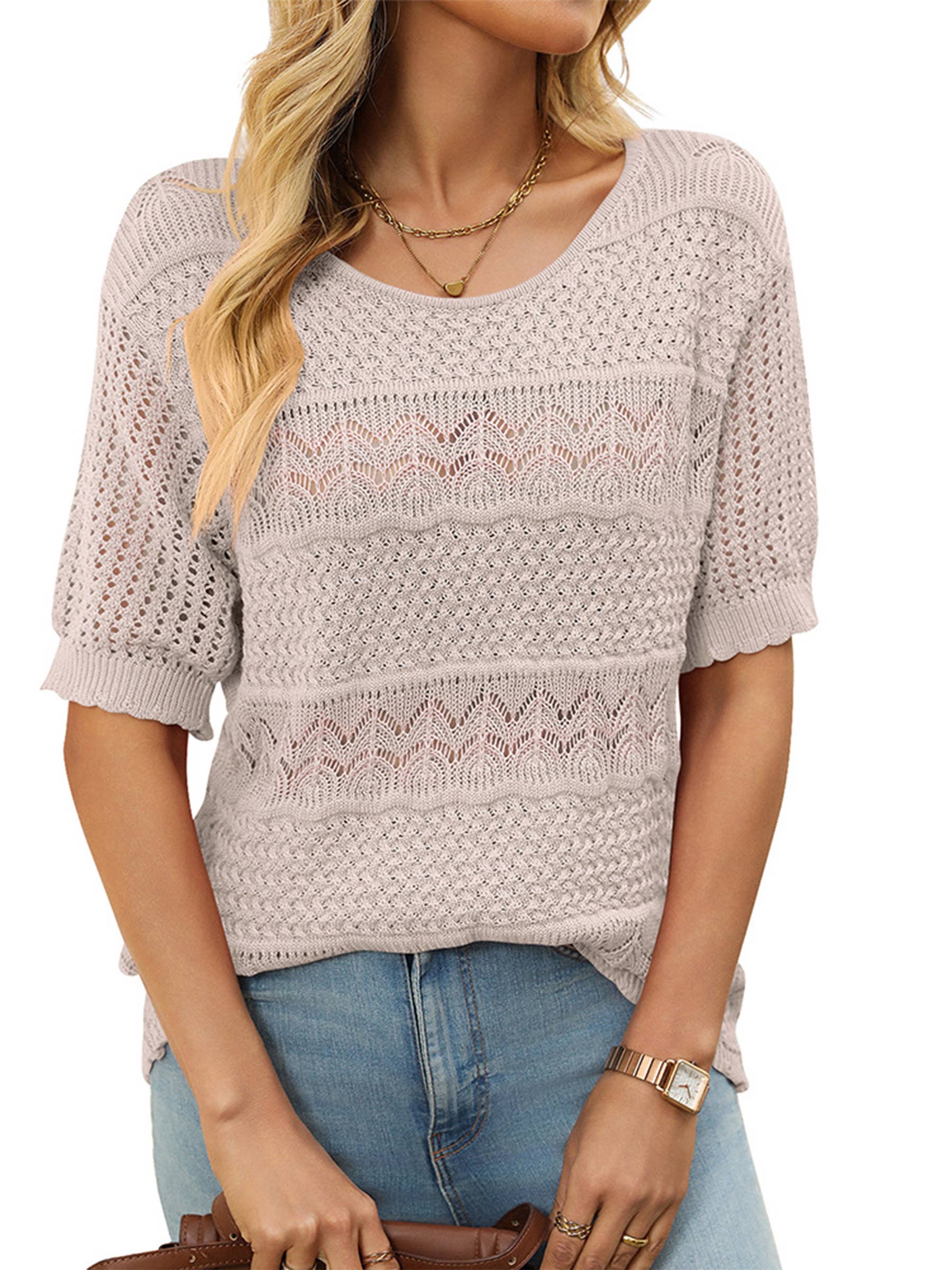 Wholesalesir - Wholesale Knit Top - Women's - Round Neck Hollowed Out Short Sleeved Top1