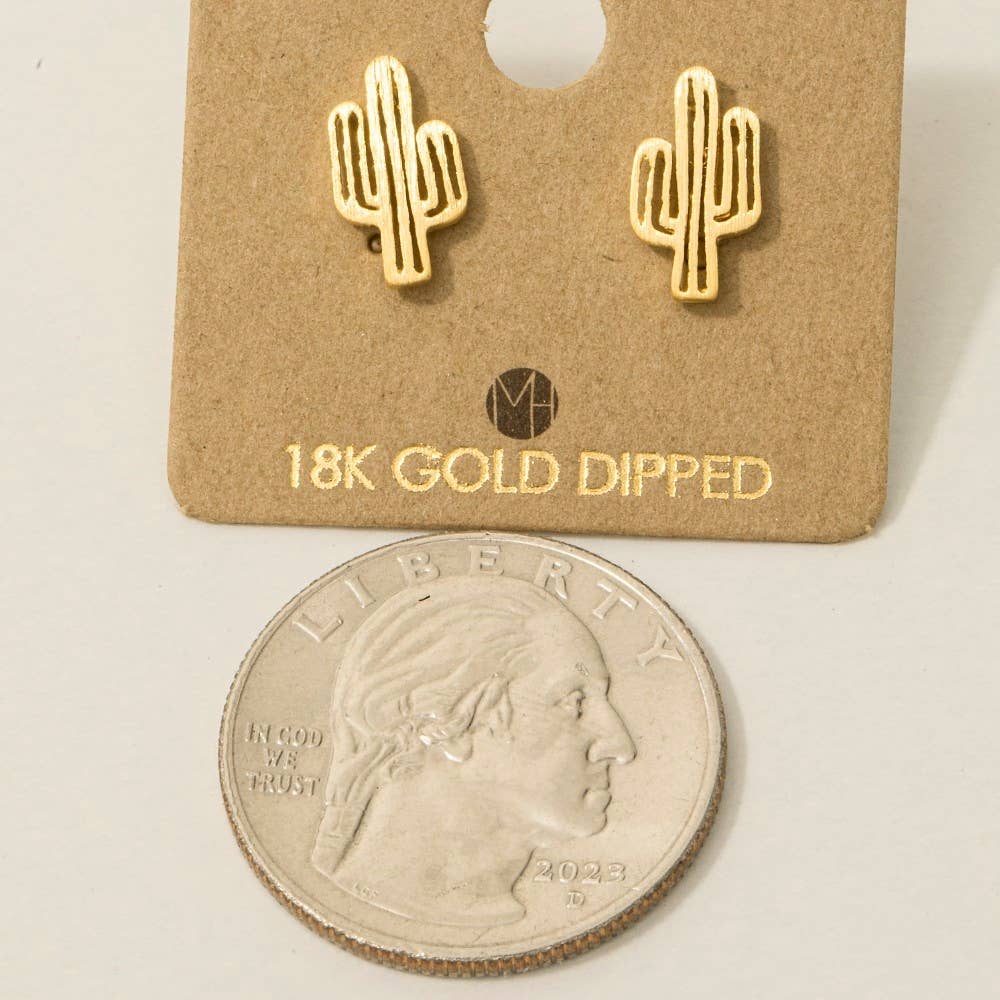 Fame Accessories - Wholesale Stud/Post Earrings - Gold Dipped Dainty Desert Cactus Stud Earrings2