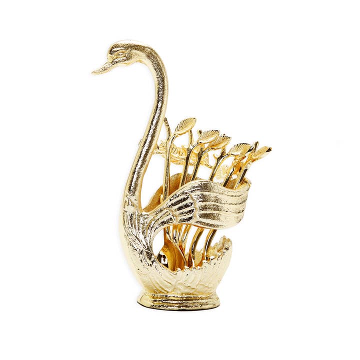 Gold Swan Dessert Spoon Holder with 6 Spoons for wholesale by CLASSIC TOUCH DECOR INC.