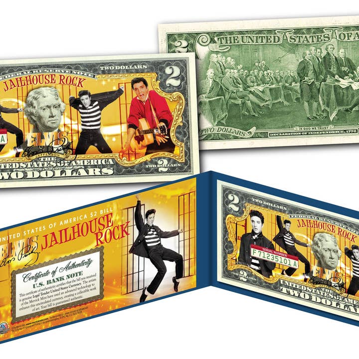 Elvis Presley „Jailhouse Rock” Gekleurde originele Amerikaanse valuta van twee dollar - snelle en gratis verzending! voor wholesale door The Merrick Mint