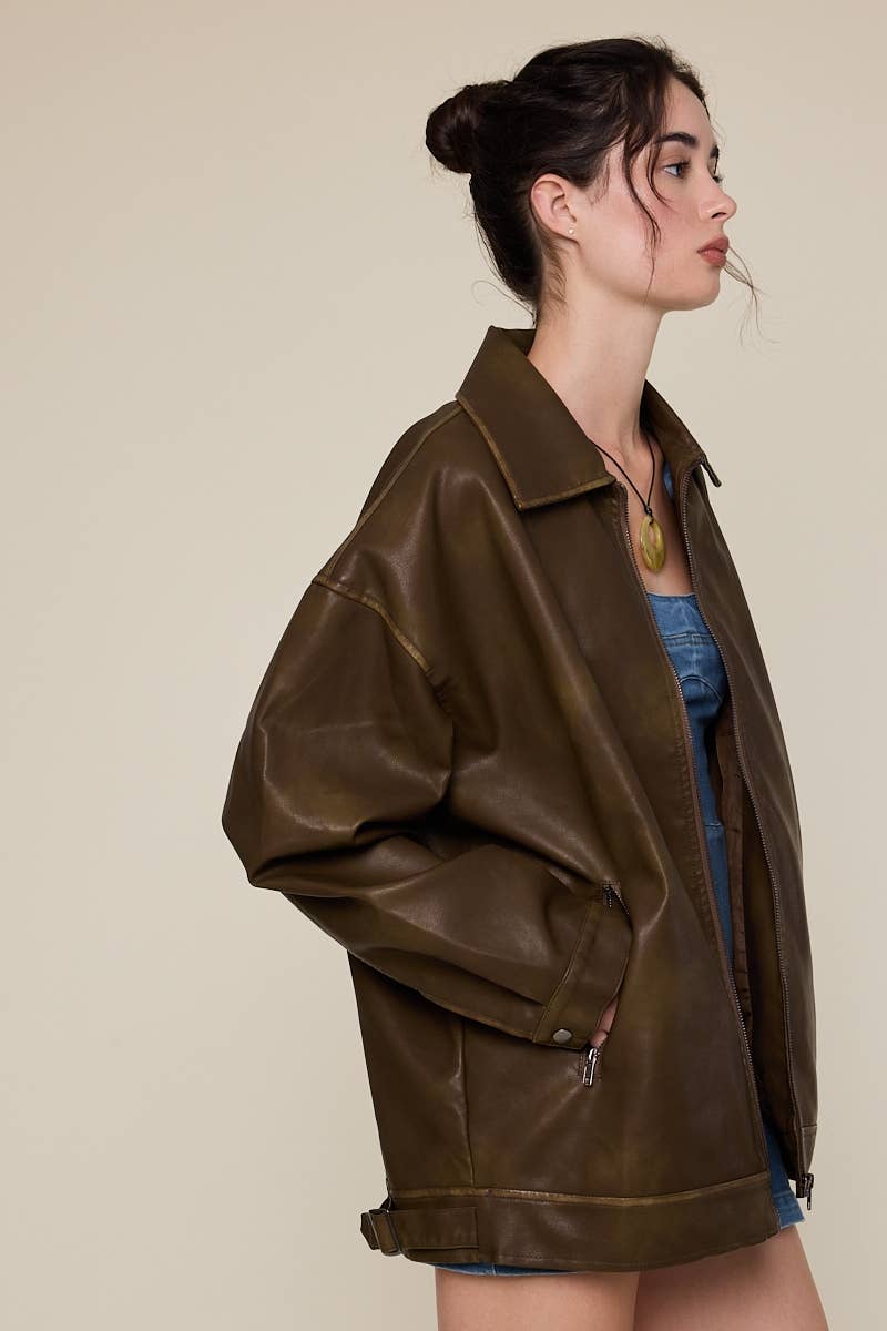 Sky to Moon - Wholesale Leather Jacket - Women's - FAUX LEATHER COLLARED OVERSIZED CASUAL JACKET2
