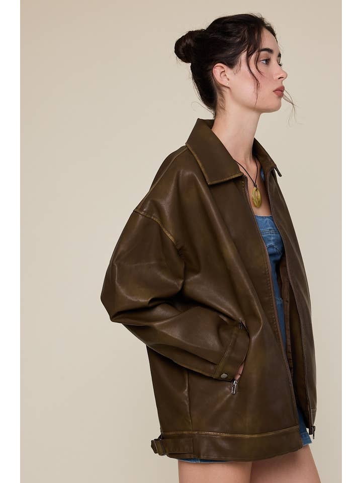 Sky to Moon - Wholesale Leather Jacket - Women's - FAUX LEATHER COLLARED OVERSIZED CASUAL JACKET2