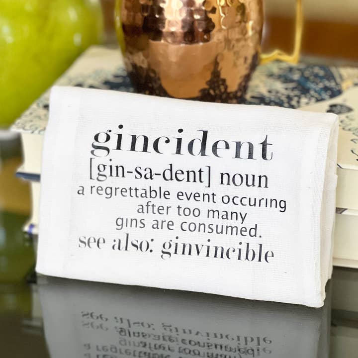 It's a gincident - humorous bar kitchen towel SM for wholesale by Pretty Clever Words