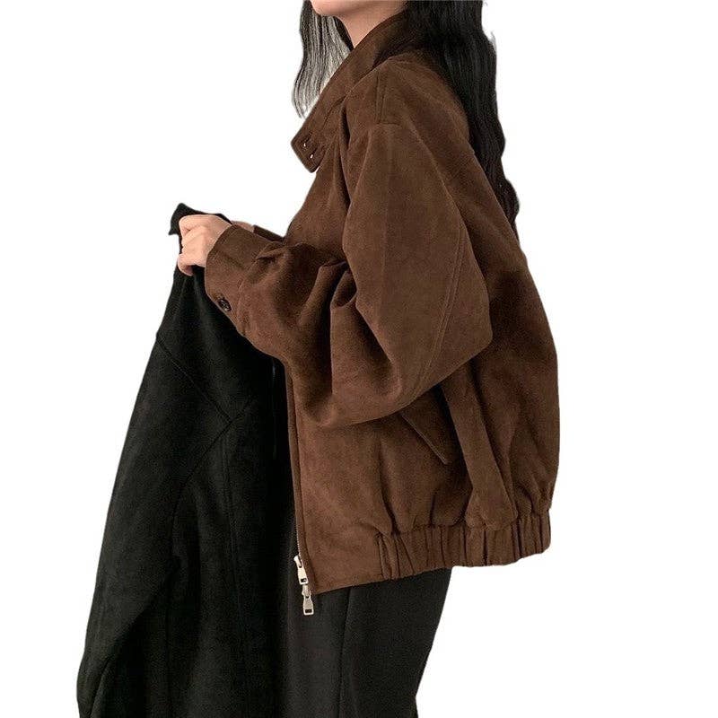 FurDecoration – Großhandel Jacke – Damen – Vintage-Pulloverjacke aus Wildleder mit zwei Reißverschlüssen in Uni-Farbe8