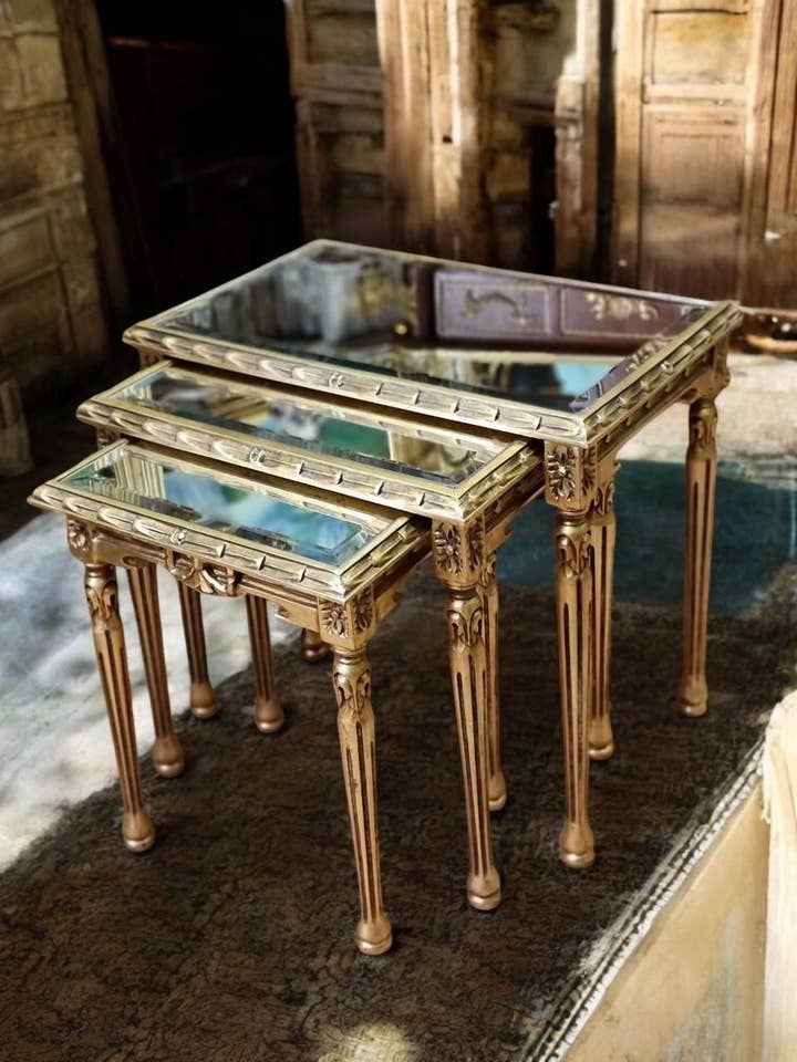 Vintage French Louis XVI Gilt Nesting Tables with Mirrored Tops – Set of 3 for wholesale by MALuxury Furniture