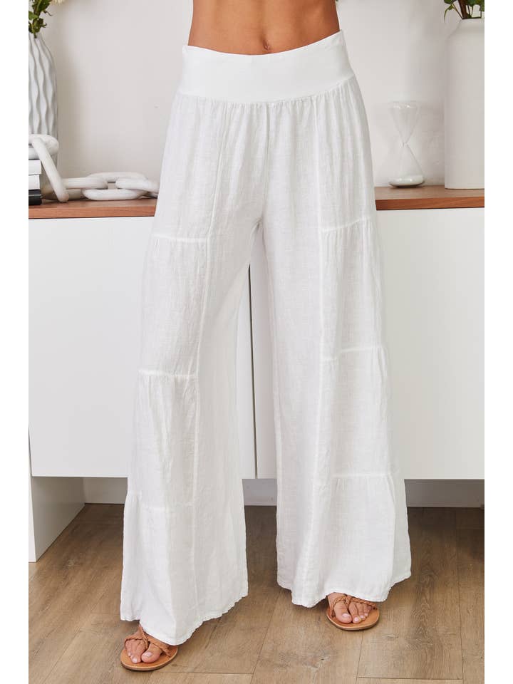 White LINEN TIERED PALAZZO PANT (2-36/255005-WHITE) for wholesale on Faire