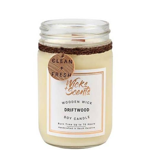 Wicks + Scents - Vente Bougie en bocal - Driftwood - Bougie de soja à mèche en bois - 12 oz1