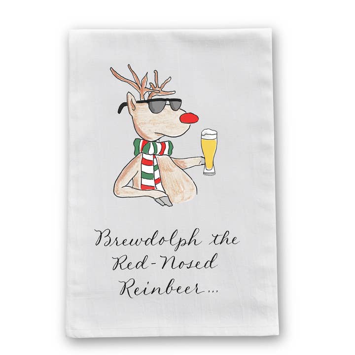 Brewdolph, The Red-Nosed Reinbeer Christmas Tea Towel for wholesale by The Write Occasion Calligraphy