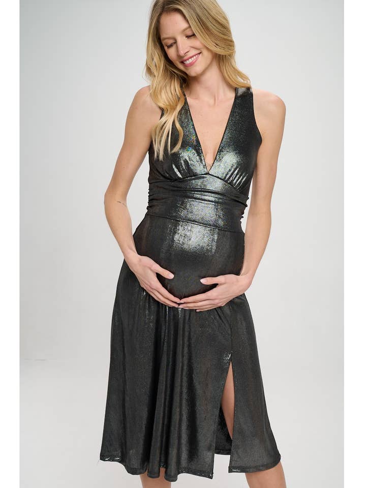 Star Motherhood - Vente Robe - États-Unis - Robe de maternité métallisée à col en V profond avec fente