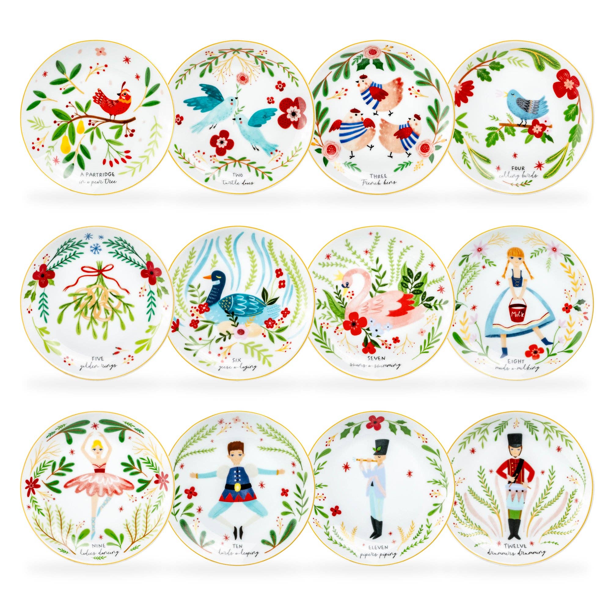 Grace Teaware - Wholesale Appetizer Serveware - 12 Days of Christmas Fine Porcelain Appetizer Plate Set - Metal Rack Version1